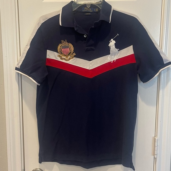 Ralph Lauren Polo Shirt Men’s Small Navy Custom Slim Fit Big Pony Gold Patriotic - Picture 1 of 11